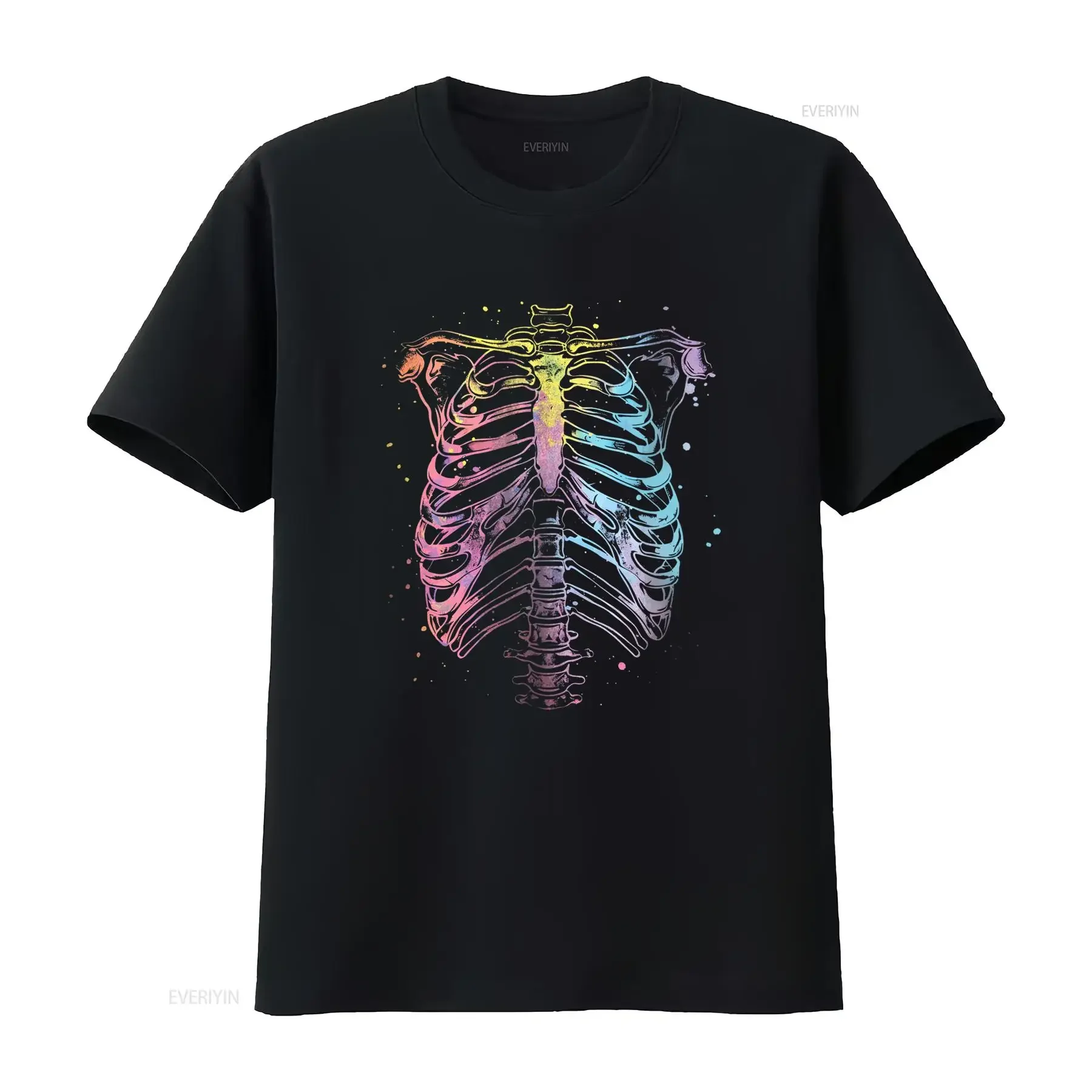 Gothic Watercolor Gradient Rib Cage Skeleton Cool Streetwear Print T Shirt vintage Washed streetwear Top For Everyday Wear Soft