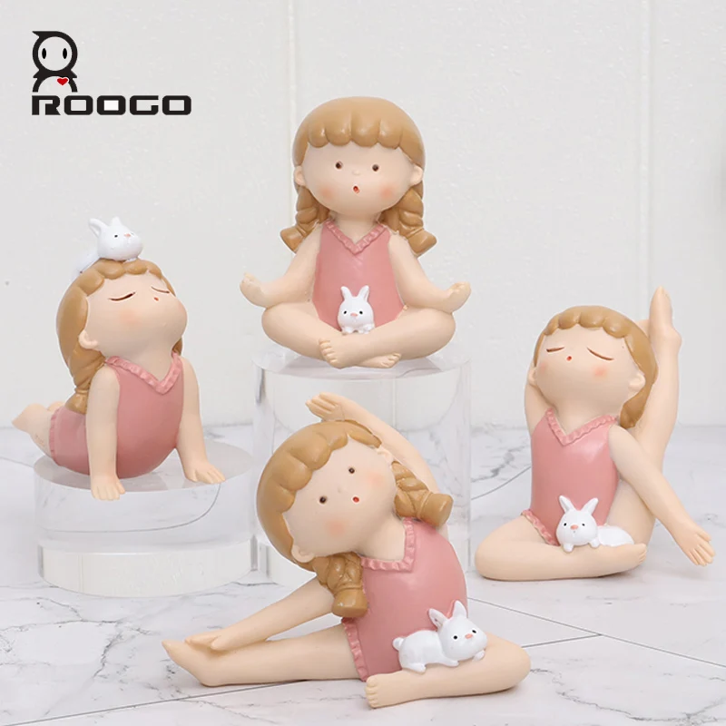 Roogo Resin Sculpture Little Yoga Bunny Girl Home Decoration Ornaments Figurines Miniature Crafts Gifts Kawaii Accessories