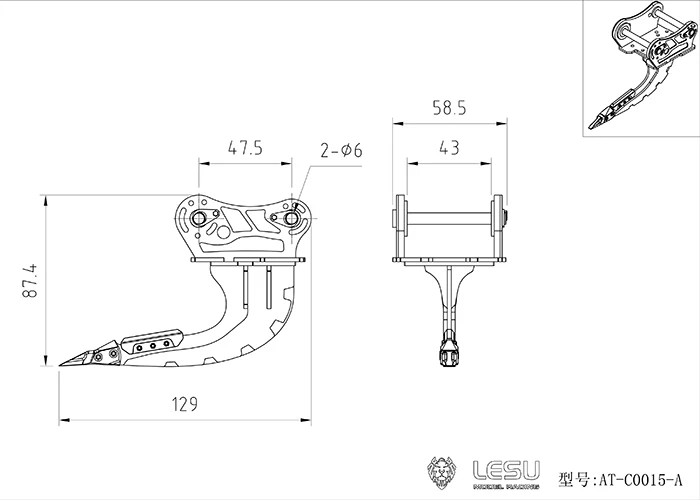 Metal Curved Blade Ripper Scarifier for 1/14 LESU Hydraulic Excavator Carter C374 RC DIY Model