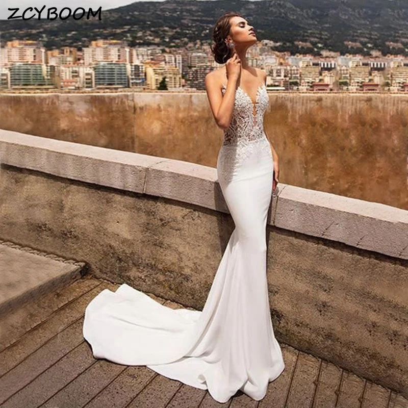 Sexy V-Neck Appliqued Lace Backless Satin Mermaid Wedding Dresses for Women 2024 Court Train Bridal Gowns Vestido De Noiva