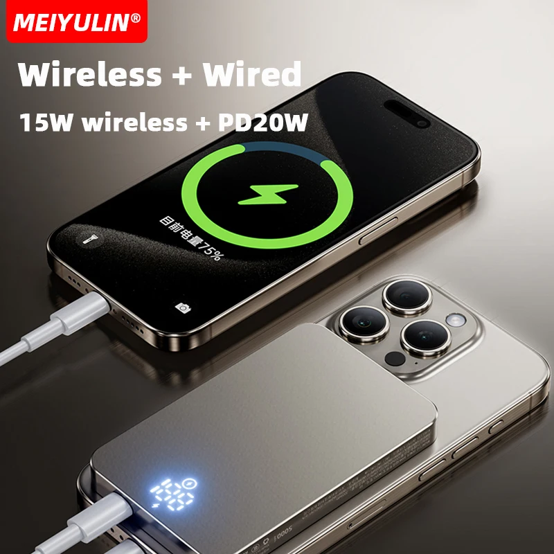 10000mAh Wireless Mobile Power Bank Magnetic Charger for iPhone 16 Samsung Xiaomi Portable USB C Fast Charging External Battery