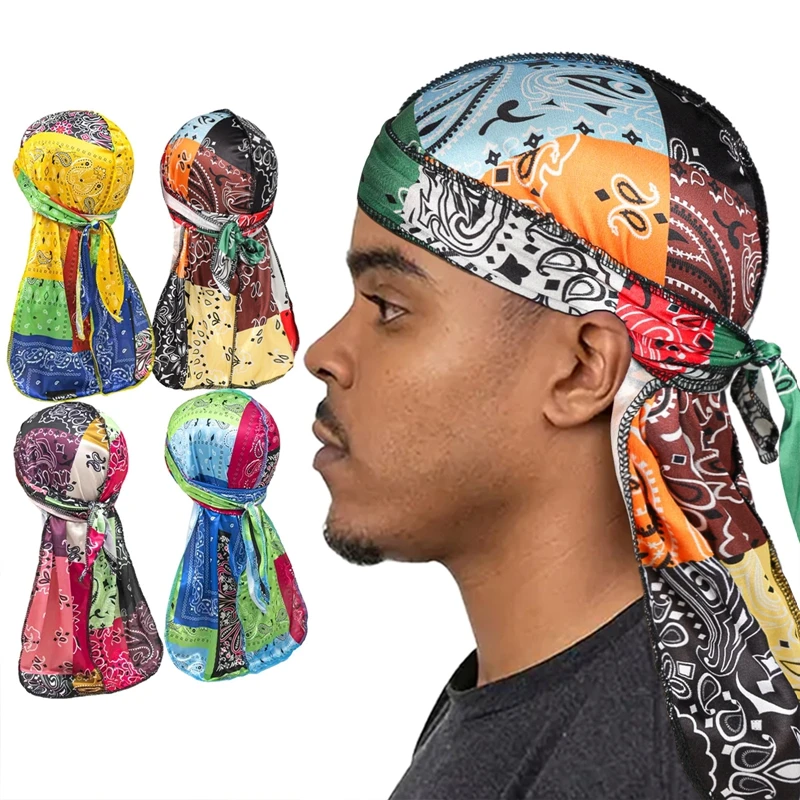 New Unisex Imitation Silk Colorful Durags Bandana Turban Hat Men Women Breathable Long Tail Pirate Hats Cap Hip Hop Headband