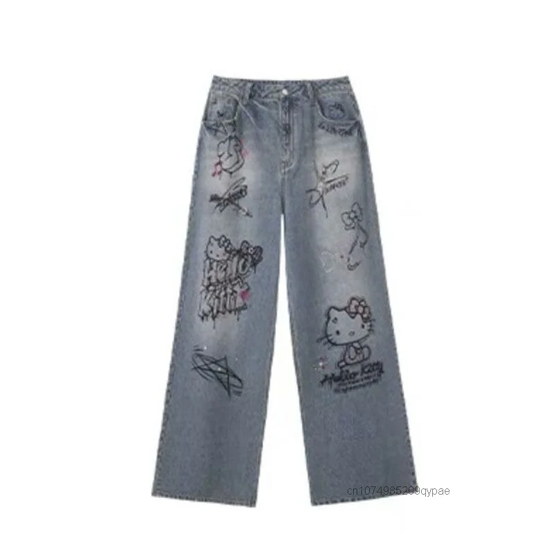 Jeans Sanrio Hello Kitty Graffiti americano feminino, calças retas soltas, estilo Millennium Y2K, design exclusivo, verão