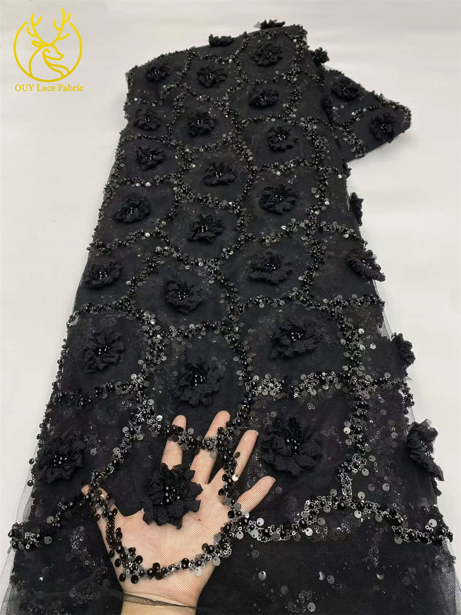 Elegantes Abendkleid 3D-Blumen-Spitzenstoff Afrikanischer Pailletten-Perlen-Spitzenstoff Hochwertiger Nigerianischer Französischer Tüll-Spitzenstoff – Detail 20