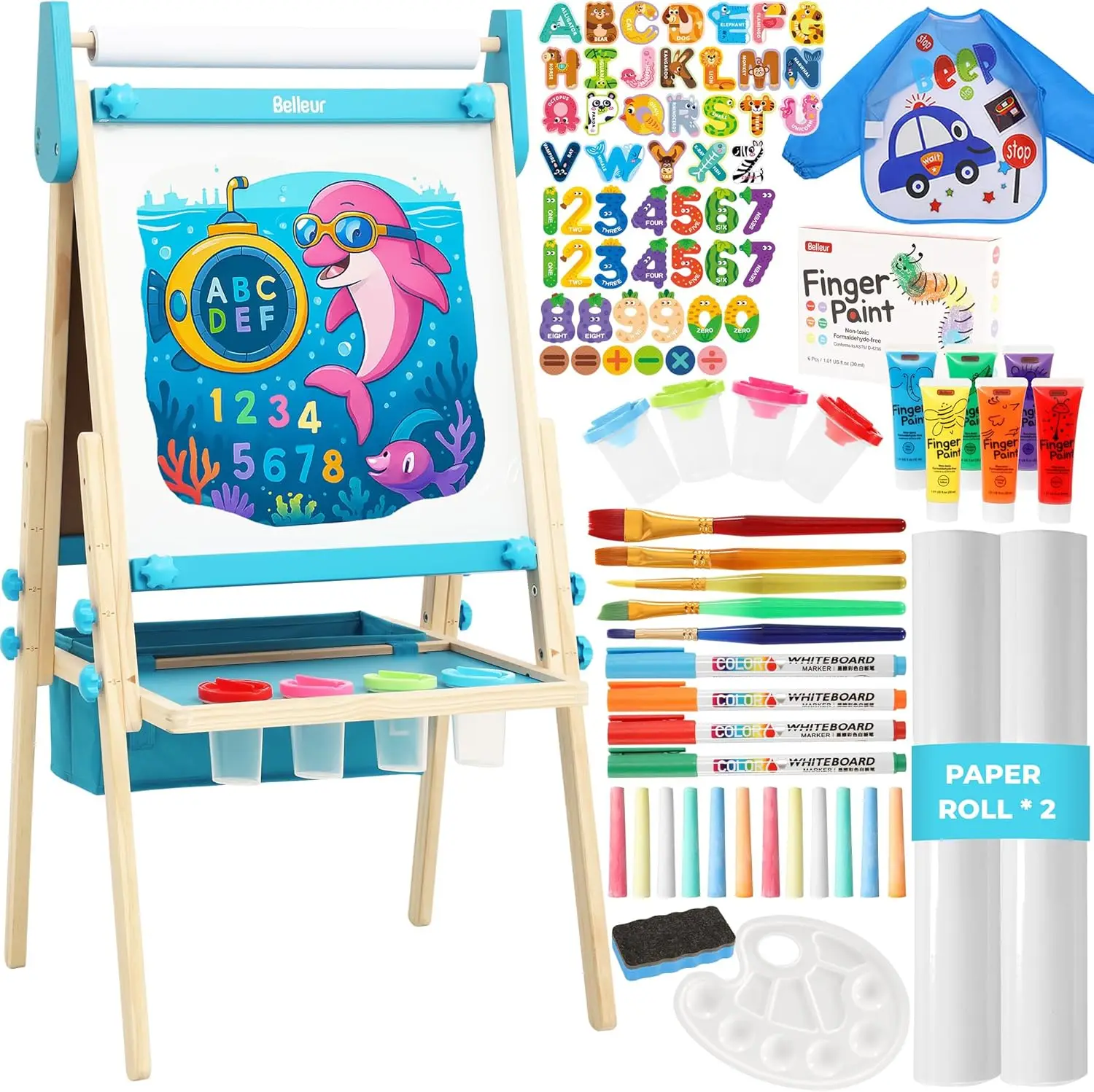 

Adjustable Double-Sided Easel with Magnetic Whiteboard, Chalk Board & Paper Roll for Kids 2-8 - Blue