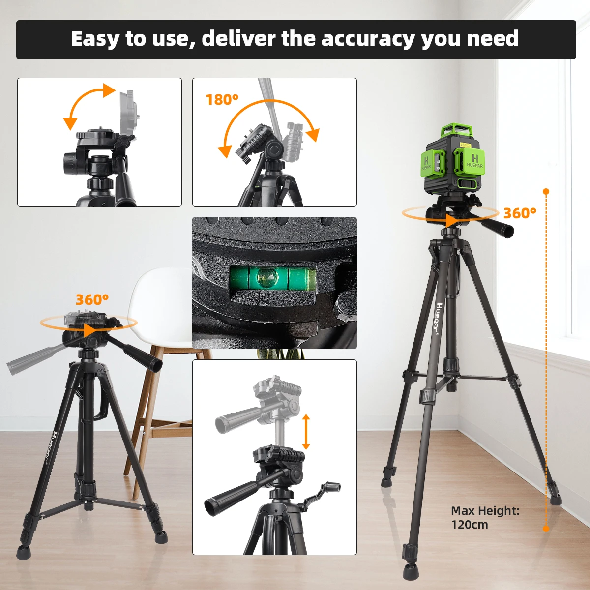 Huepar 3D Cross Line Self-leveling Laser Level 3 x 360 Green Beam Three-Plane Leveling and Alignment Laser Tool With Tripod