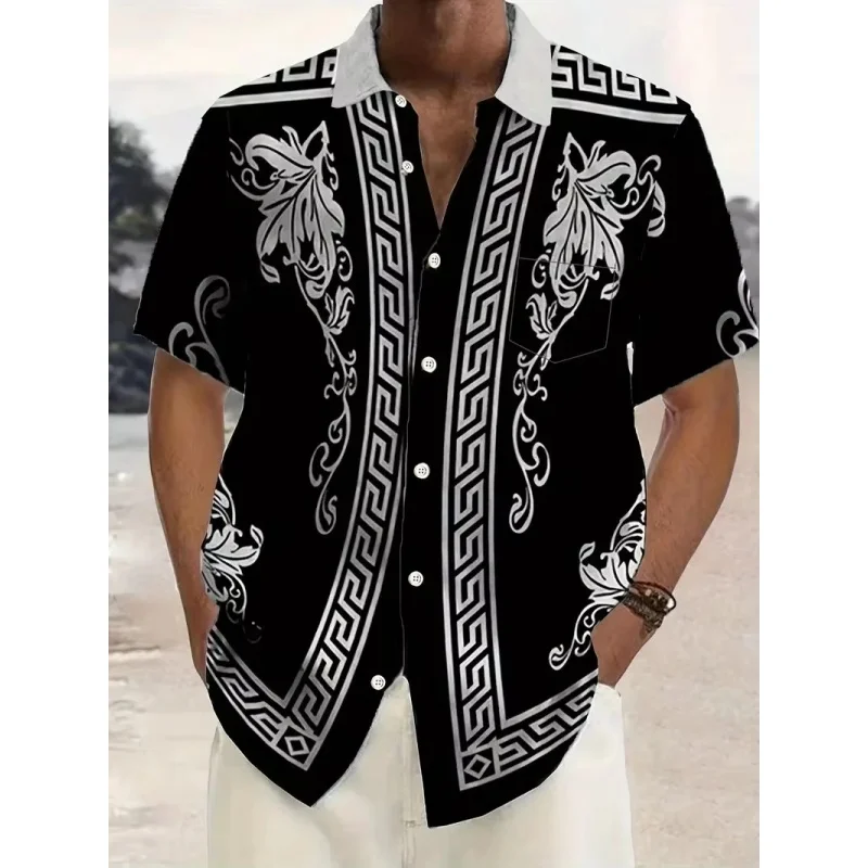 Retro Luxury Pattern Hawaiian Shirts For Men Exquisite Stripe 3D Printed Tops Short Sleeve Fashion Street Lapel Button Blouse