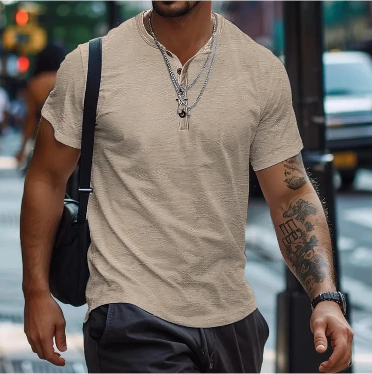 

New Europe America Men's Summer T-shirt Button solid color short-sleeved shirt Male Casual collarless T-shirt European Size