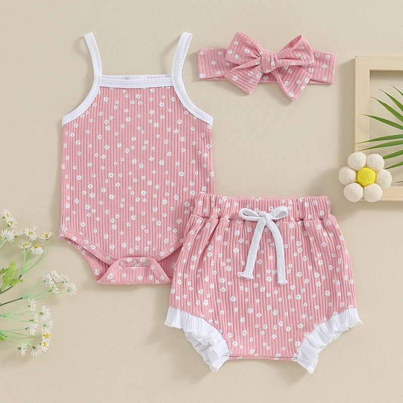 

Suefunskry Baby Girl Summer Outfits Floral Print Rib Sleeveless Rompers Shorts Headband 3Pcs Clothes Set
