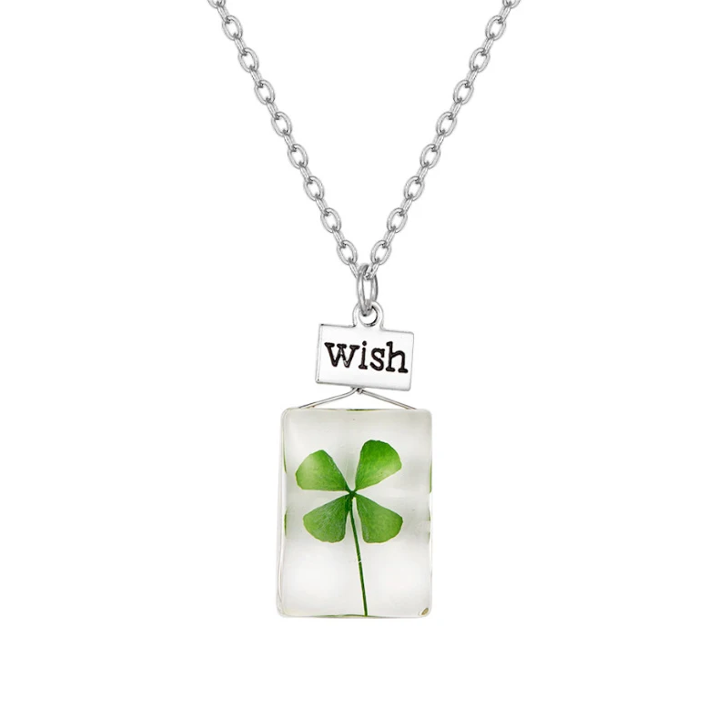 Fashion Wish Natural Four Leaf Clover Pendant Necklace Dried Flower Necklaces For Women Men Jewelry