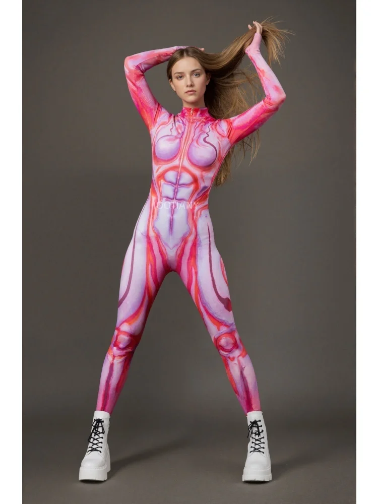 Bunter 3D-Druck-Feen-Regenbogen-Zentai-Bodysuit, Halloween-Feiertags-Party-Cosplay-Alien-Kostüm, Stretch-Jumpsuit, eng anliegend für Damen – Detail 6