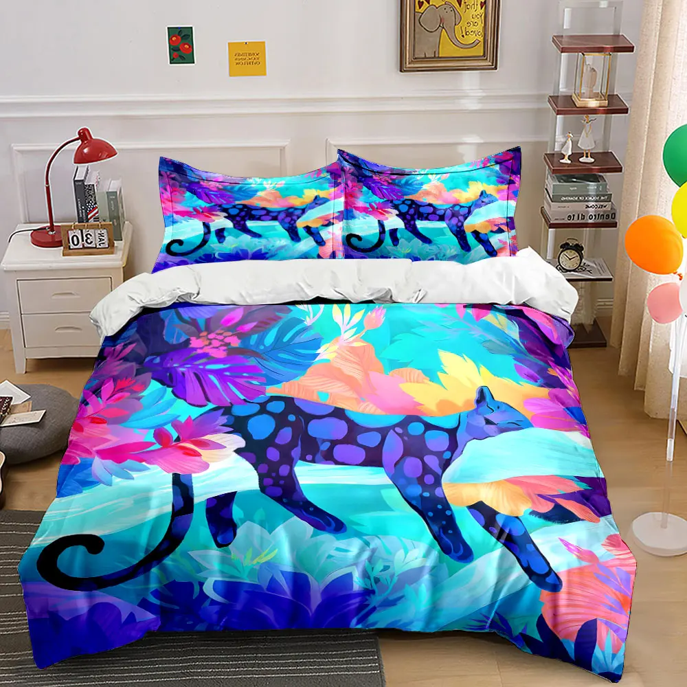 Blue Leopard in Dreamy Jungle Print Bedding Set 1 Duvet Cover 2 Pillowcases for Adult and Children Luxury Gift Full Size