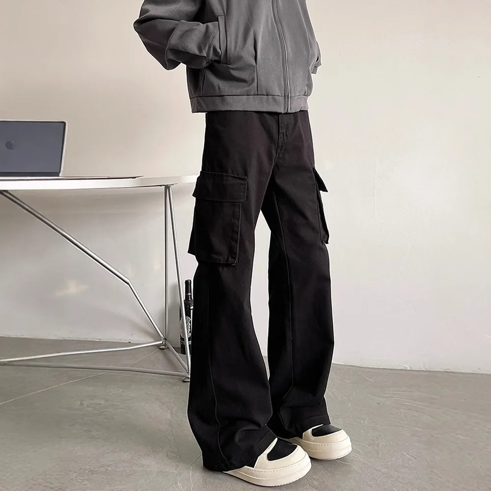 

Весенне-осенние новые модные мужские черные, коричневые однотонные простые базовые повседневные модные свободные расклешенные брюки-карго, мужские брюки, одежда