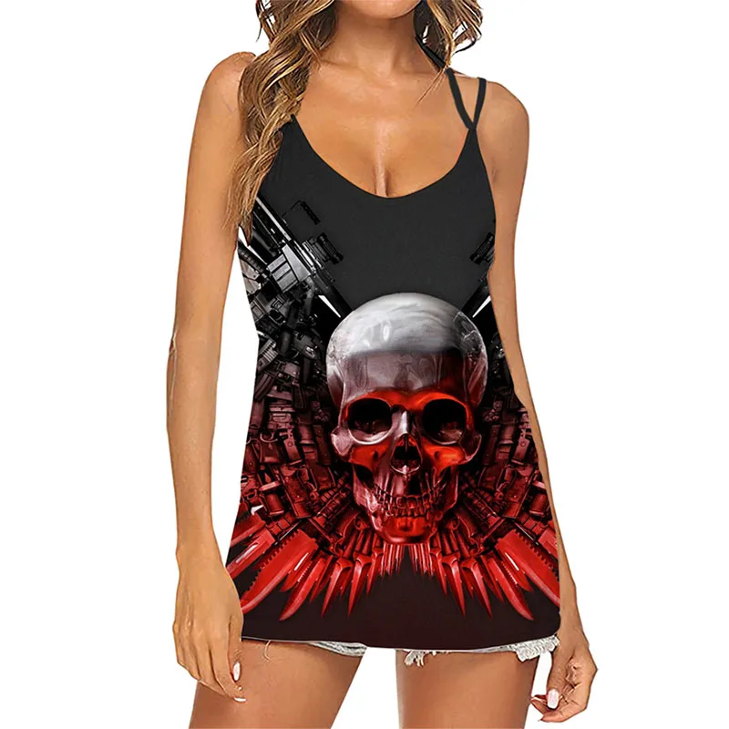 T-shirt da donna Gothic 2023 Summer Turtle Neck Skull e top senza maniche scavato stampato bohémien New top in nero