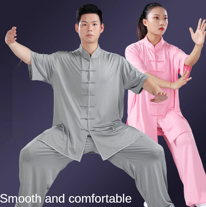 Martial Arts Sets Adult Tai Chi Uniform Milk Silk Short Sleeve Casual Wushu Traditional Chinese Clothing Set Kung Fu Uniform