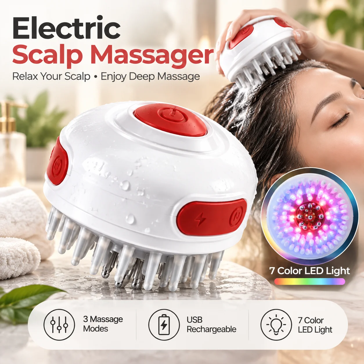Electric Scalp Massager Brush 7 Color LED Light Waterproof Hair Care Comb USB Rechargeable Silicone Head Massage Brush Relaxing