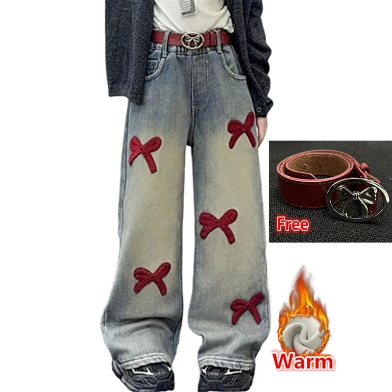 Winter teen Kids Corduroy Jeans Bows junior Girls Thick Thermal Trousers+Belt Child High Street Insulate Sweatpants child pants