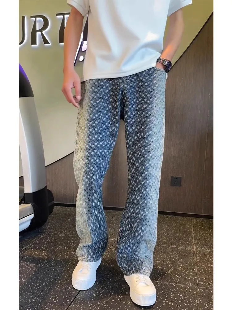 

Men's Jeans Design Diamond Lattice Jacquard Pattern Wide Leg Jeans American Style Straight-Leg Micro Flared Bottoms Casual Pant