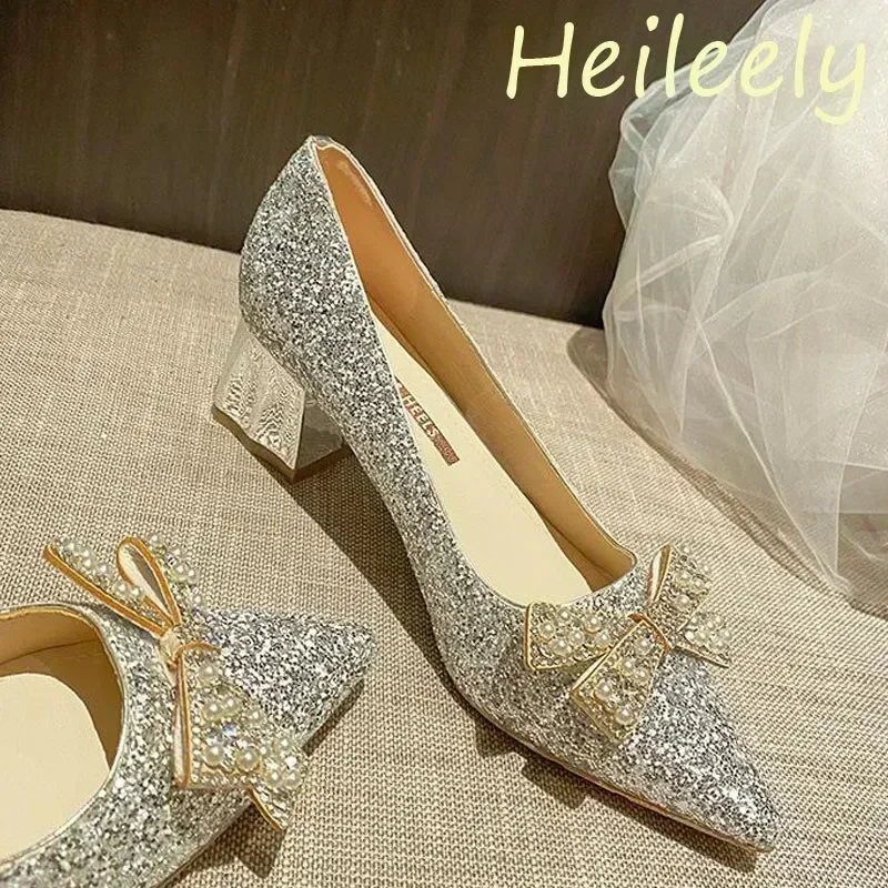 5cm New Fashion Sequins with Bow Sexy Low Heels Banquet Party Women Silver Shoes 41 42 43