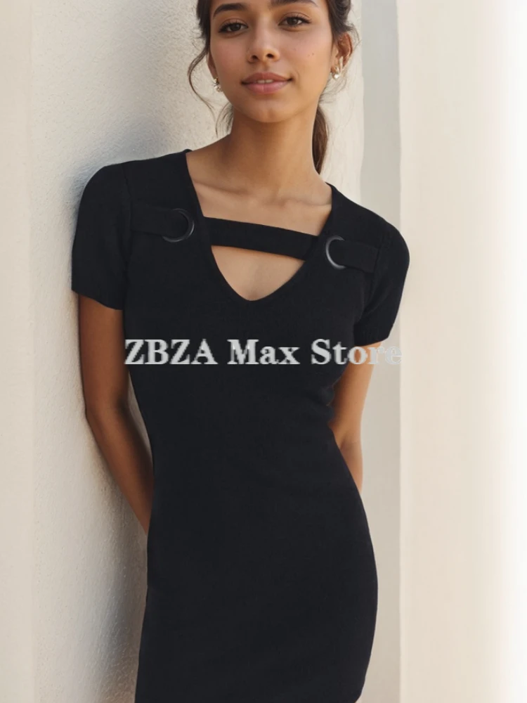 ZBZA Women\'s Short Sleeve Knit Dress V-neck Strap Detail Metal Eyelets Slim Fit Solid Elegant Party Mini Skirt Female Chic Dress