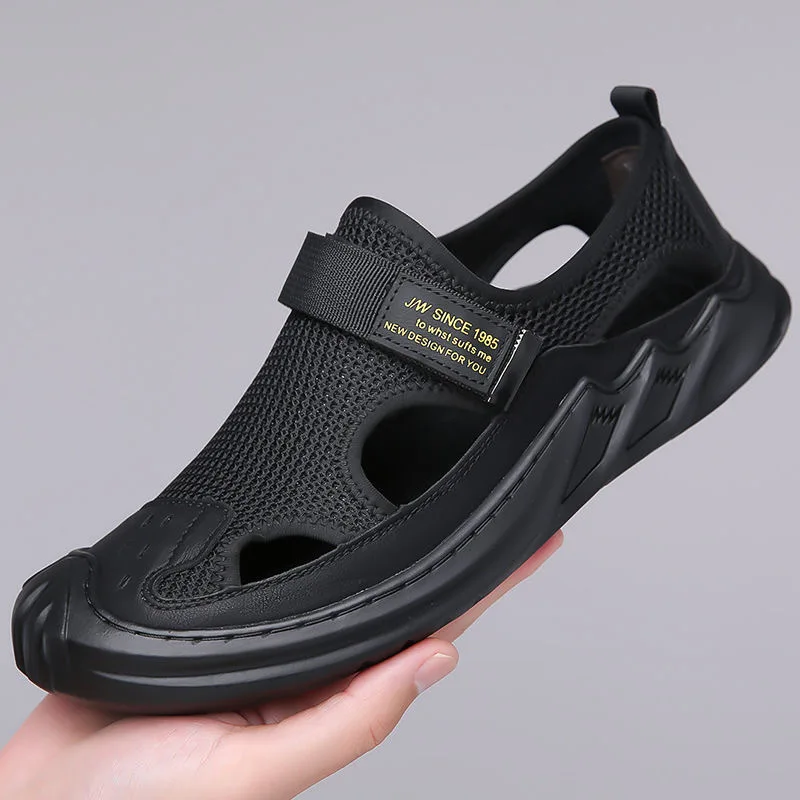 Men's Rubber Sandals Summer Outdoor Beach Casual Toe Hole Shoes Breathable Platform Wedge-shaped Thick Soled Round Toe Sandals