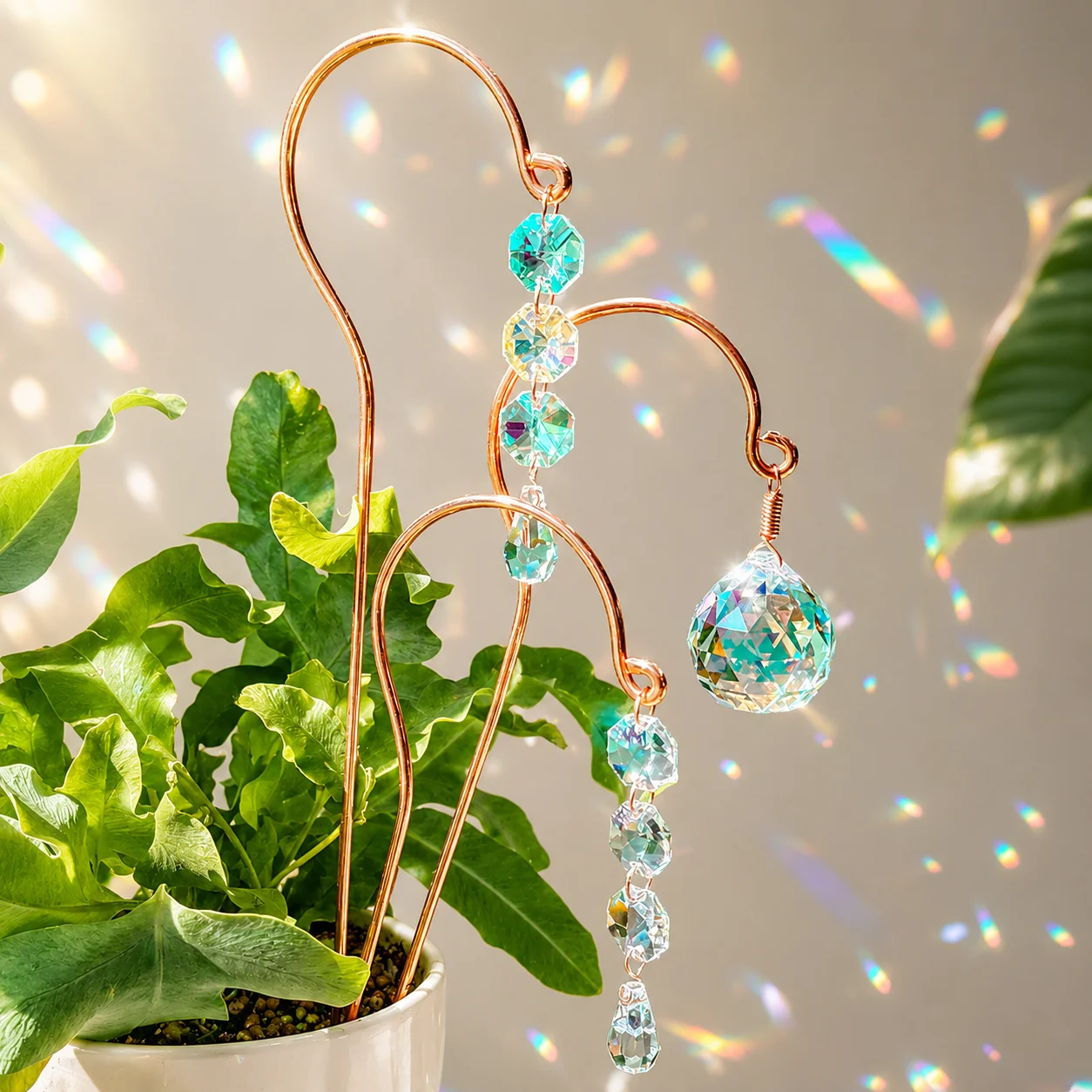 2Pcs Crystal Suncatcher Plant Stakes, Gold Hooks with Hanging Prism Pendants for Indoor Plants Garden Decor