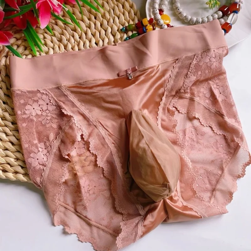ملابس داخلية مثيرة للرجال من الدانتيل ملابس داخلية رفيعة من الحرير الجليدي والساتان محدبة ملابس داخلية سيسي بدون خياطة عالية الخصر سراويل داخلية مثيرة #4