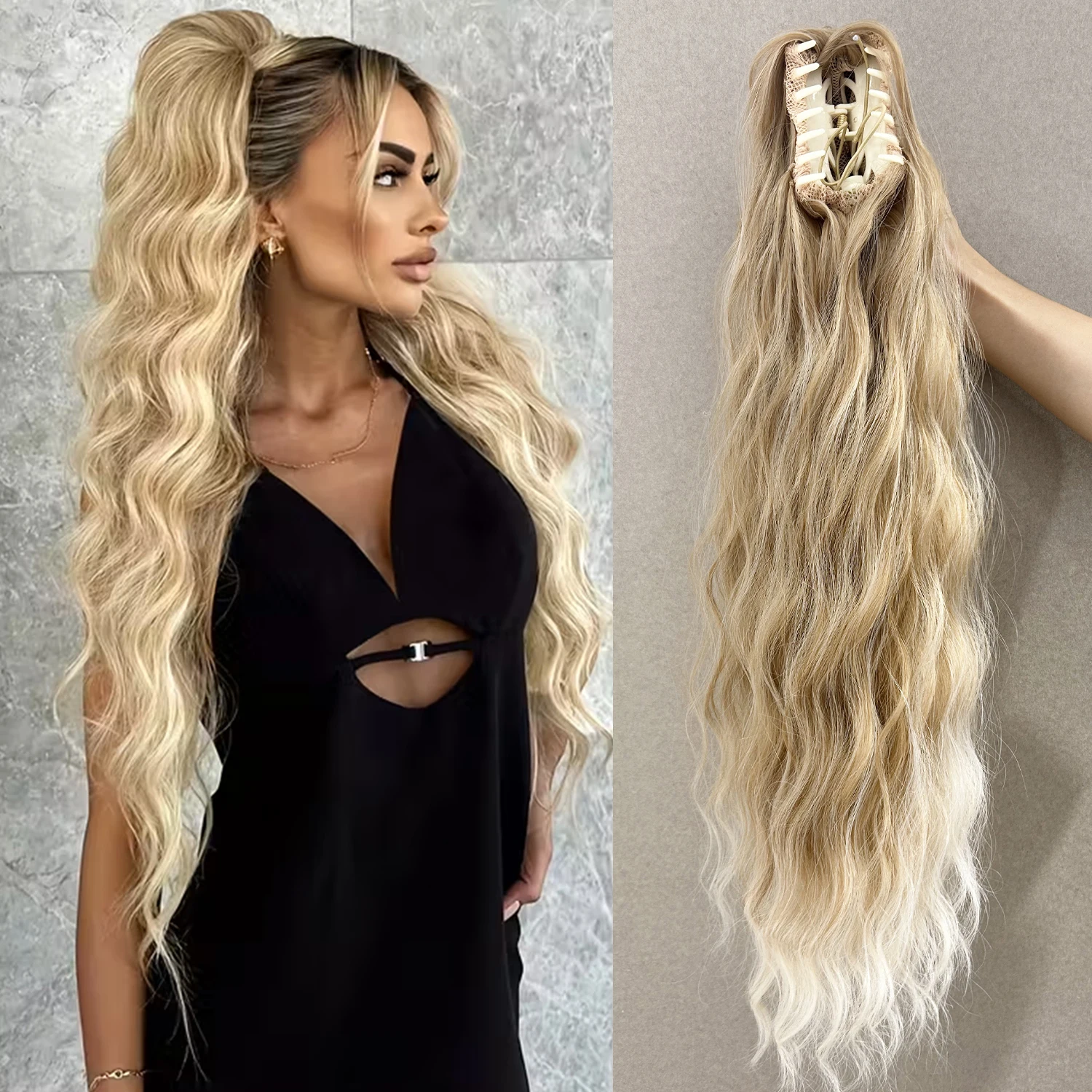 Synthetic 26Inch Water Wave Claw Clip Ponytail Black Blonde Heat Resistant Fluffy Messy Ponytail Hair Extensions For Women image 5