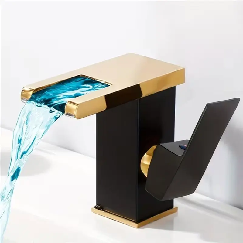ABMR-LED Bathroom Sink Faucet, Gold Single Handle Gold Waterfall Vanity Faucet,Single Hole Color Change By Water Flow