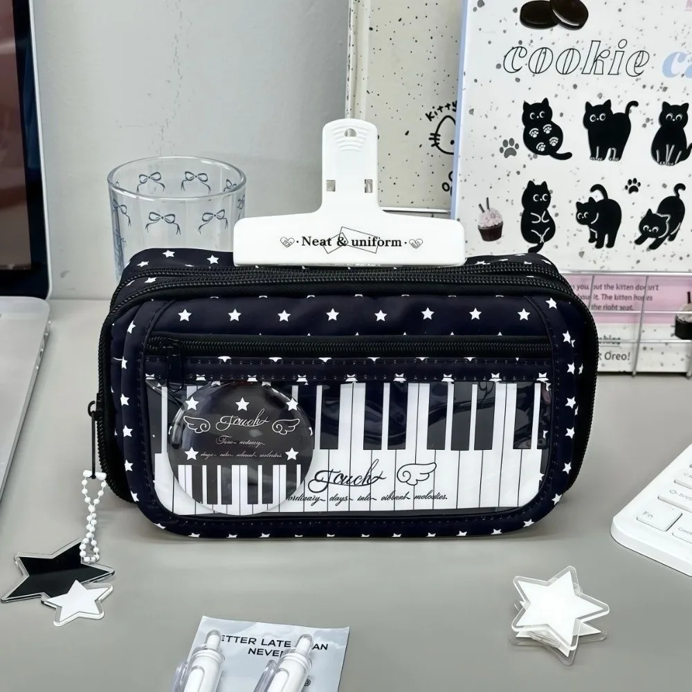 Kawaii Star Piano Keyboard Print Pencil Case Multi-Layer Large Capacity Pen Bag With Clear Window Stationery Pouch Students