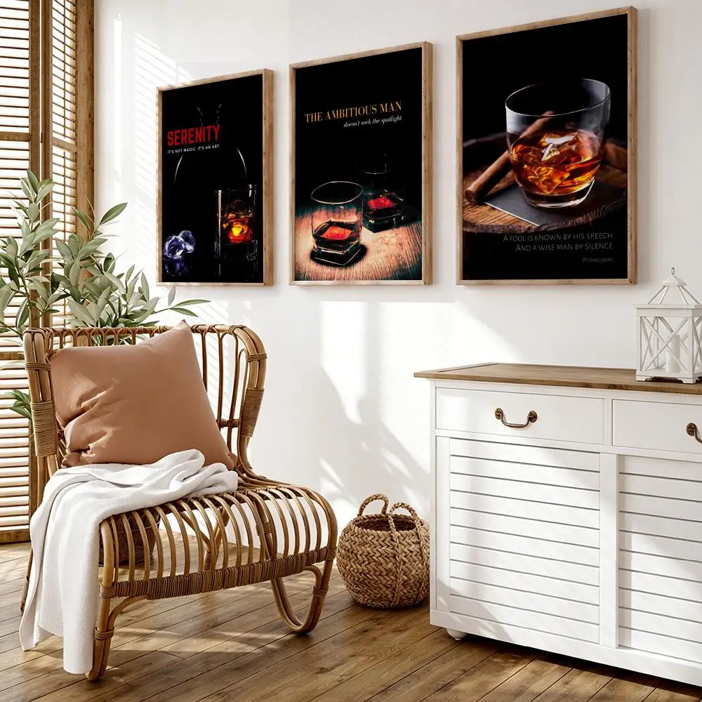 Whiskey Cigars Cocktail Poster Wall Stickers HD Painting Self Adhesive Art Decals for Bedroom Living Room Home Decor