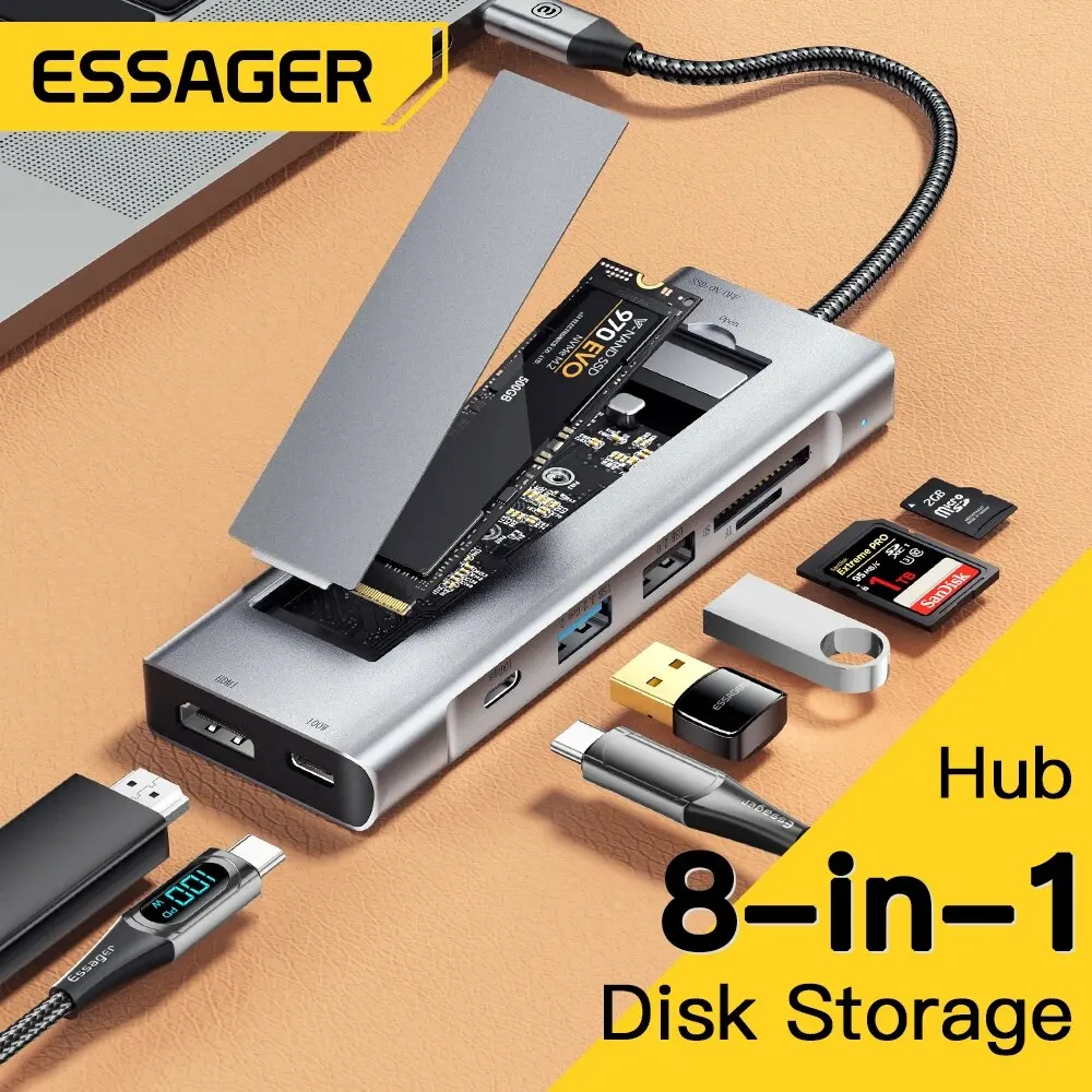 Essager 8-in-1 USB 허브 (디스크 저장 기능 포함) 맥북 프로 에어 M1 M2 용 USB Type-c-HDMI 호환 노트북 독 스테이션