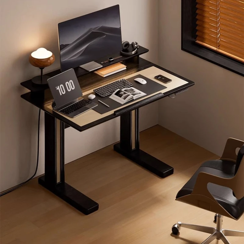 Medieval style electric lifting table automatic folding adult learning computer table bedroom home study solid wood workbench