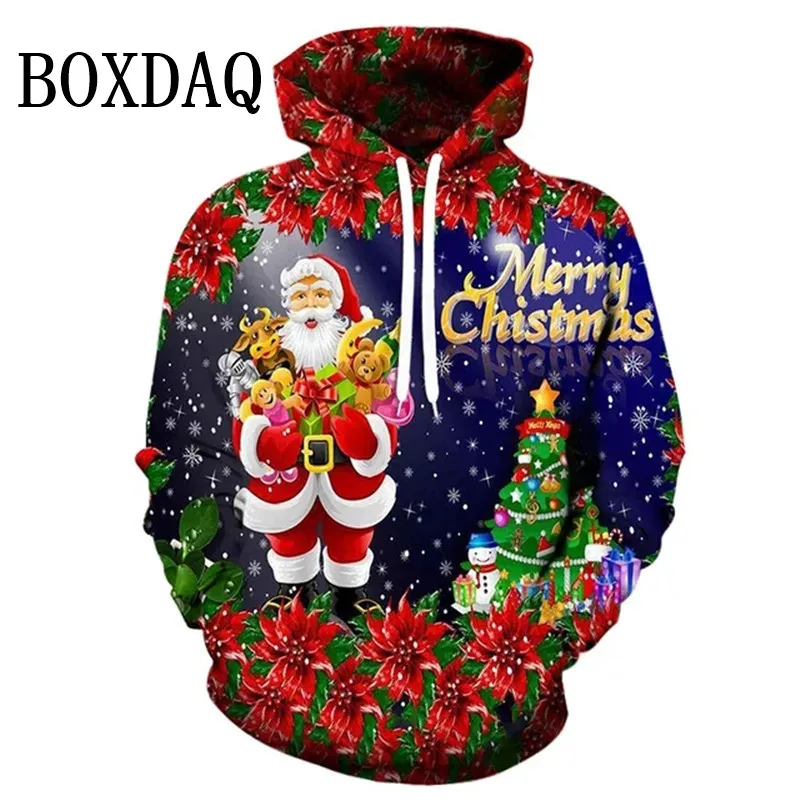 2024 New Winter Christmas Print Sweatshirts Women Funny Santa Claus 3D Pattern Loose Hoodies Casual Long Sleeve Pockets Lady Top