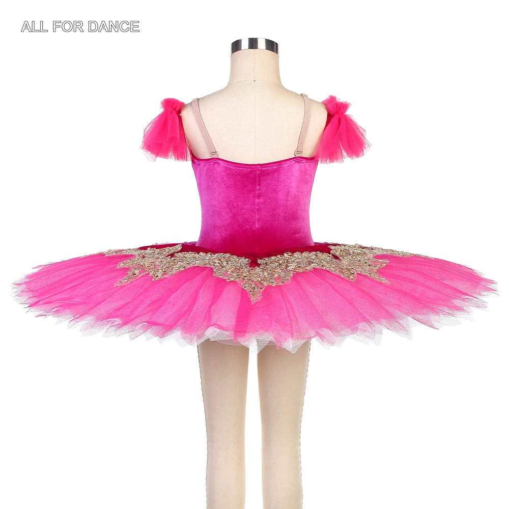 BLL515 Rose Red Vevelt Bodice and Tulle Tutu with Gold Trim Decorated Pre-professional Ballet Tutu Ballet Dance Tutu