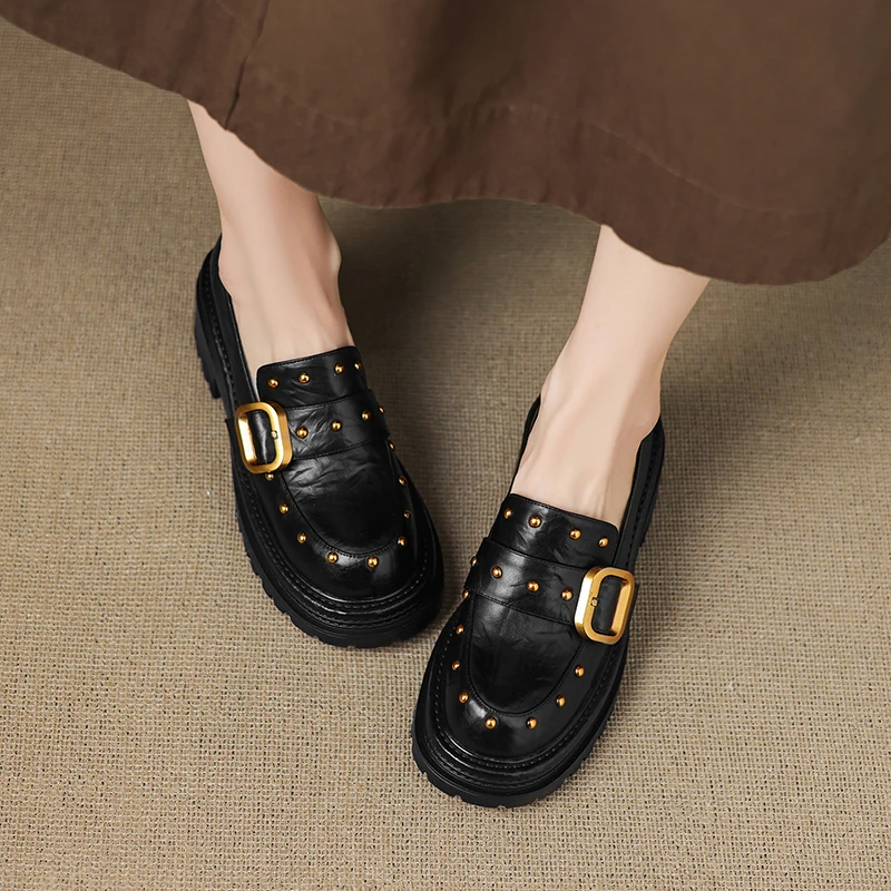 

Genuine Leather Studded Round Toe Block Heel Versatile Loafers Shoes for Women