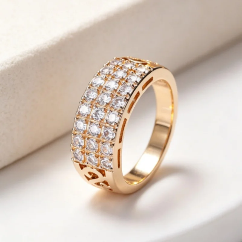European and American Checkered Zircon Wide Ring, Light Luxury Hollow Out, Attending Banquet with Personalized Accessories