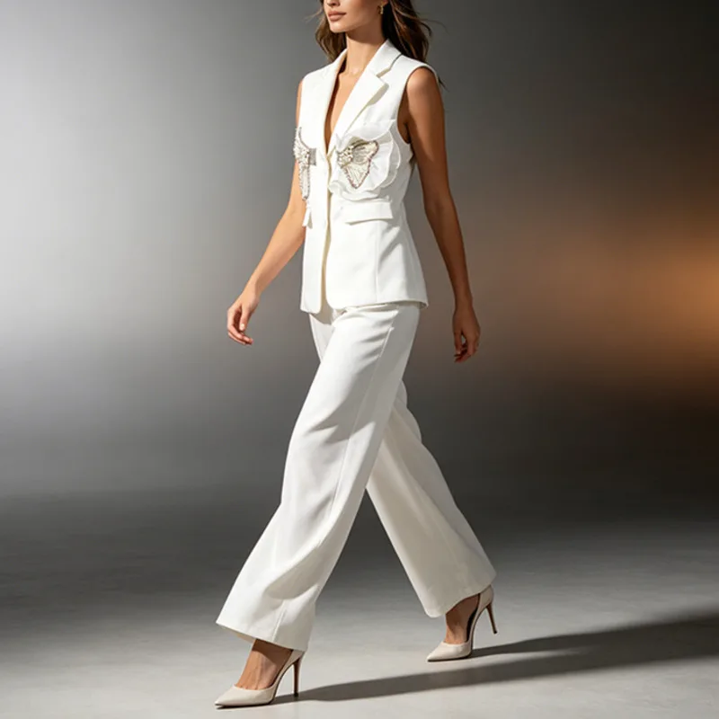 HKSH Women Office Lady Two-piece Set Beaded Ruffled High-end Sleeveless Blazer Waistcoat Wide Leg Pants Luxury Chic Suit HK22710
