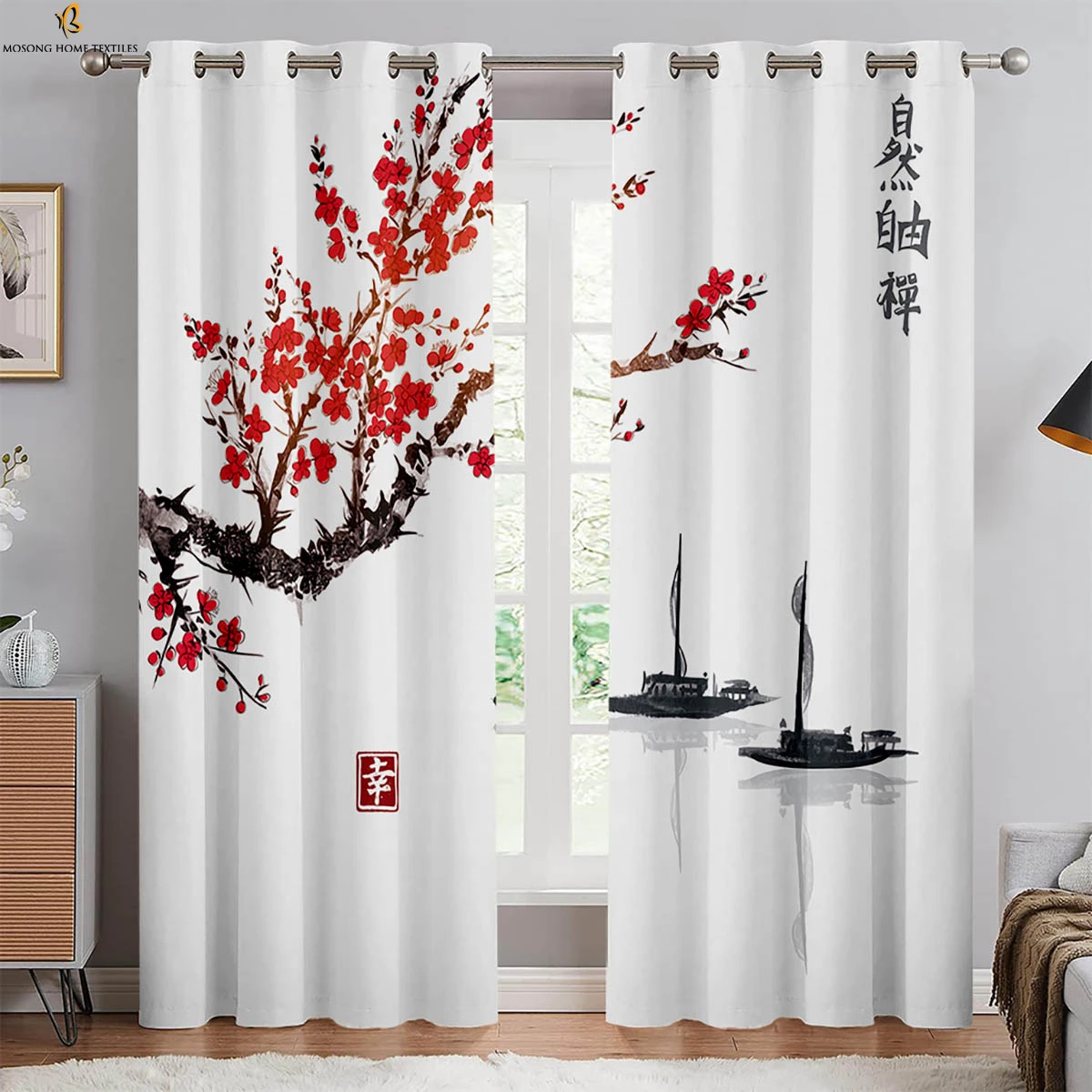 

2 Pieces Of Retro Ink Peach Blossom Black And White Print Curtains Bedroom Living Room Study Decorative Curtains