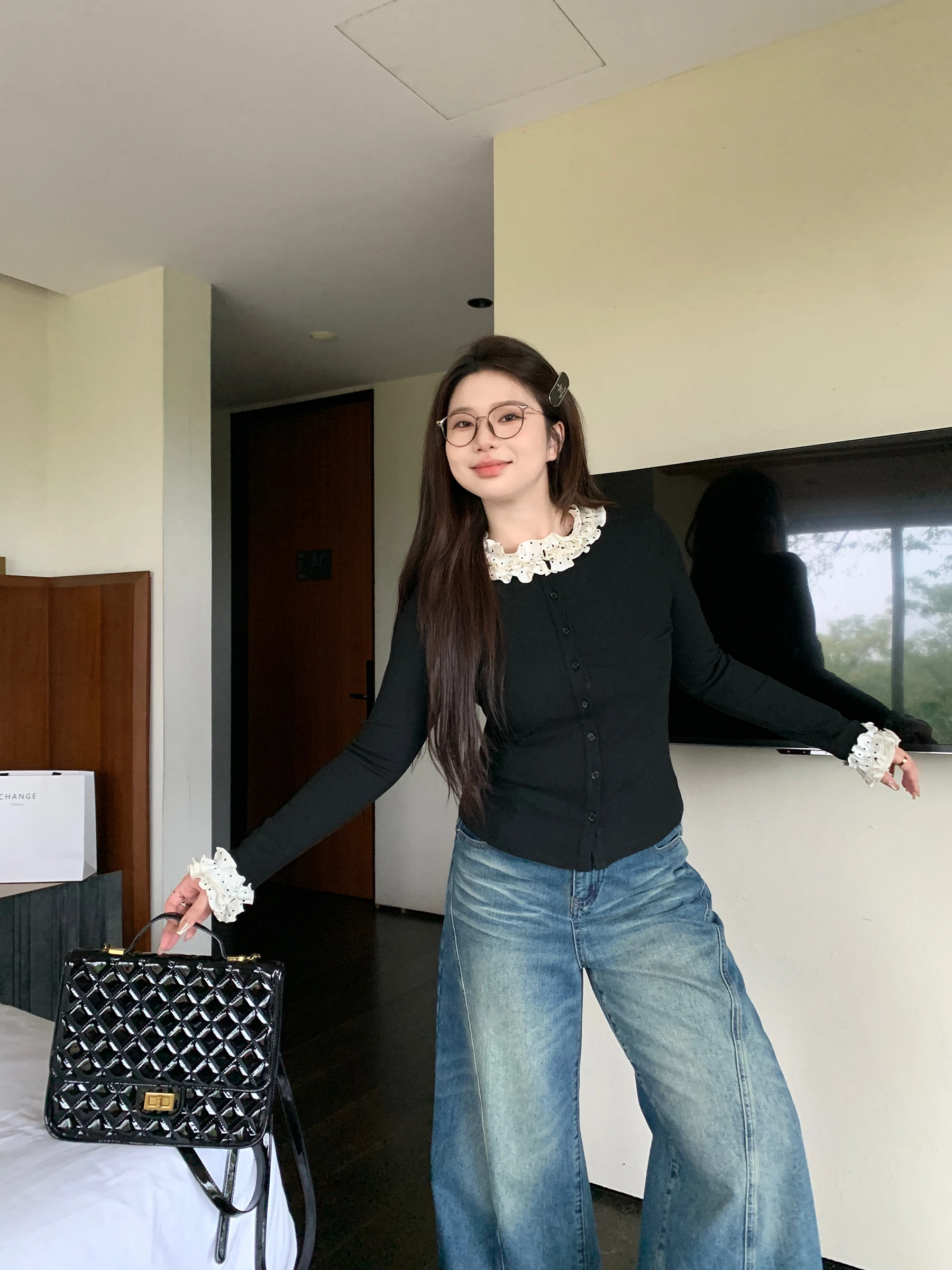 

Bla Long Sve Knitted irt Polka Dot Lace Sve Slim Fit Base irt Versatile Casual Sle Cotton Polyester Blend