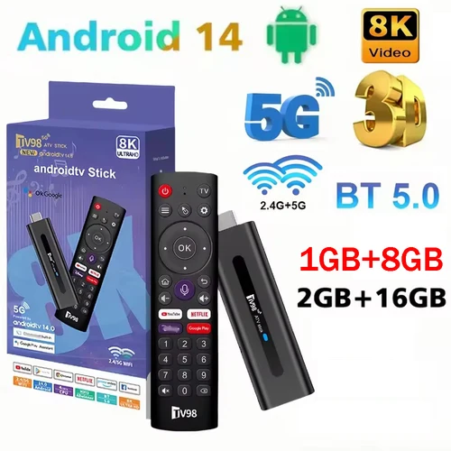 TV98 ATV 8K Smart TV Stick Android 14 ATV 2GB 16GB Allwinner H313 HD 4K reproductor 4G 5G Wifi soporte OTA BT5.0 caja de TV remota de voz