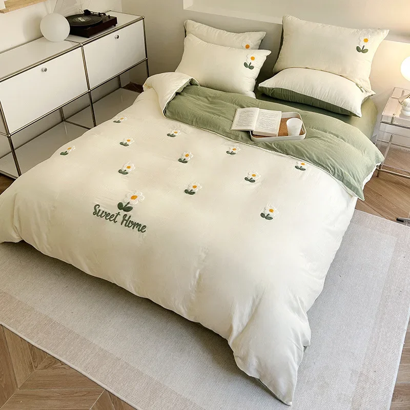 Four-piece set of pure cotton bed 100 cotton double-layer yarn towel embroidered bed sheet quilt cover bedding kit dormitory