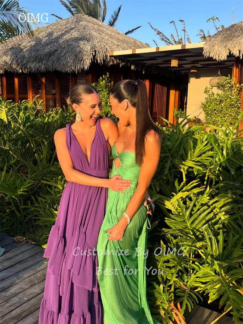 OIMG Viola Scollo a V A Line Abiti da ballo Chiffon Backless Increspato Abito da festa Lunghezza pavimento Abito da sera perfetto per feste Personalizzato