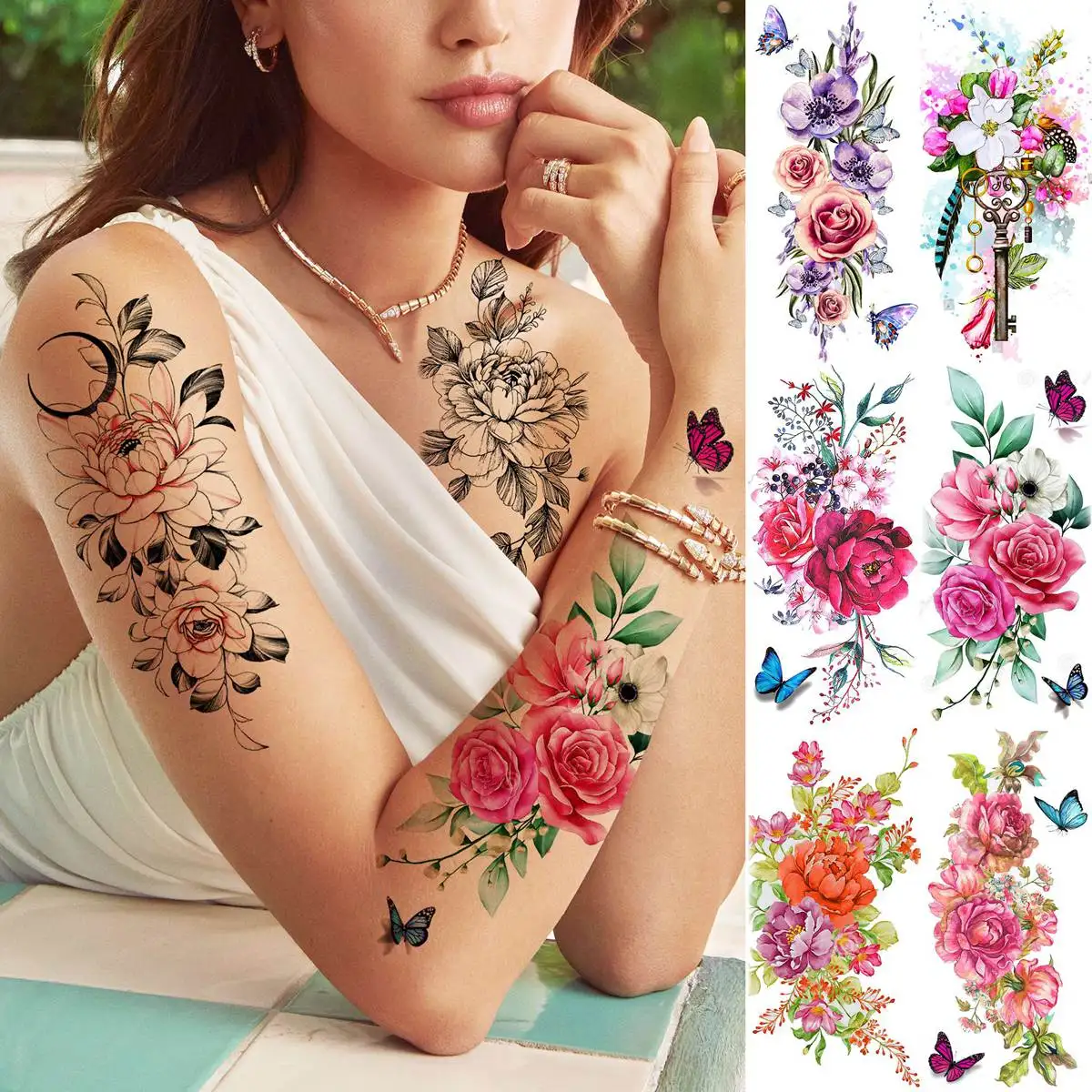 18 Sheets Watercolor Flower Temporary Tattoos For Women Adults Body Art Tattoo Sticker Fake Butterfly Rose Floral Tatoos Paste