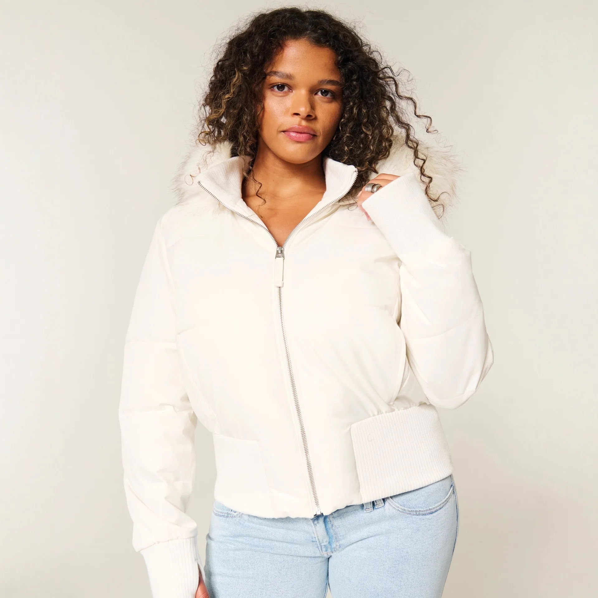 Warmth Casual Style Hooded Zipper Cotton Jacket Fake Fur Collar Children's Thickened Long Sleeve Short Length Pure Color