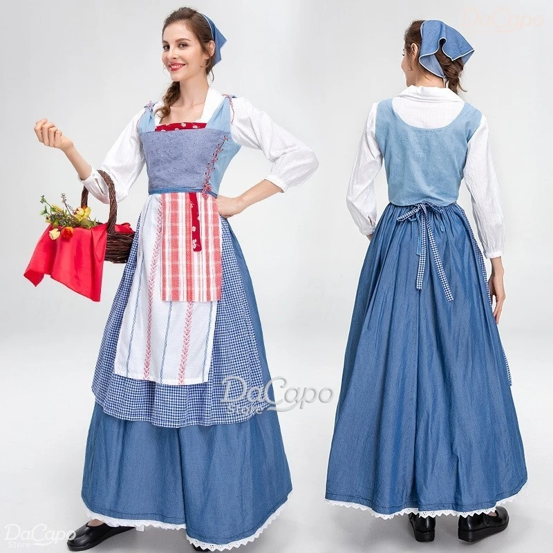 

Halloween German Munich Oktoberfest Farm Manor Maid Dress Vintage Denim Skirt Medieval Perform Cosplay Women Adult Kids Costume