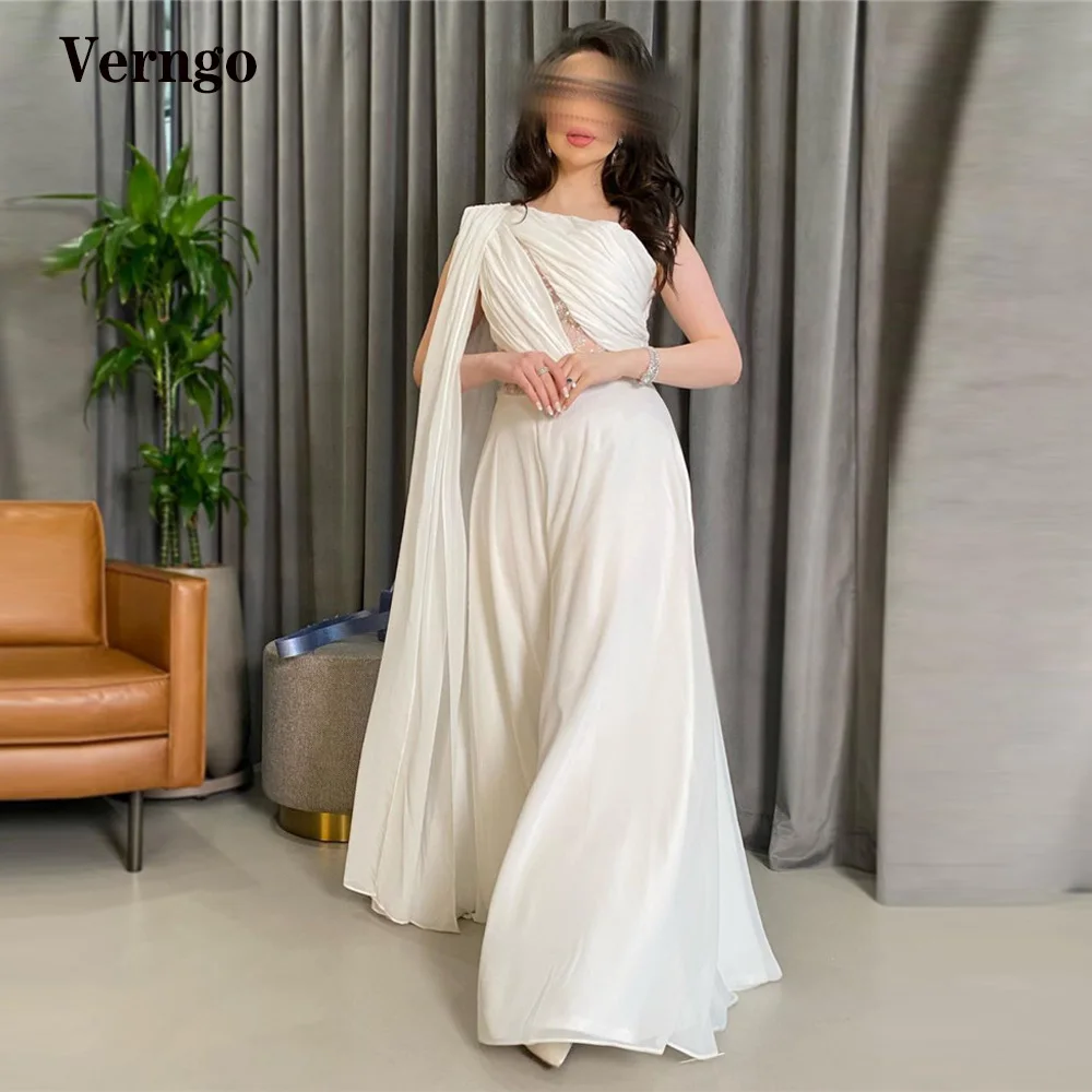 

Verngo White ivory Silk Chiffon Prom Dresses Long Cape One Shoulder Lace Under Saudi Arabic Women Evening Gowns Formal Dress