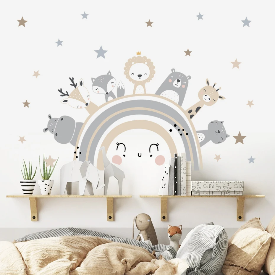 Cute Rainbow Hippo Lion Fox Giraffe Animal Stars Wall Sticker Nursery Removable Vinyl Wall Decals Kids Room Interior Home Decor