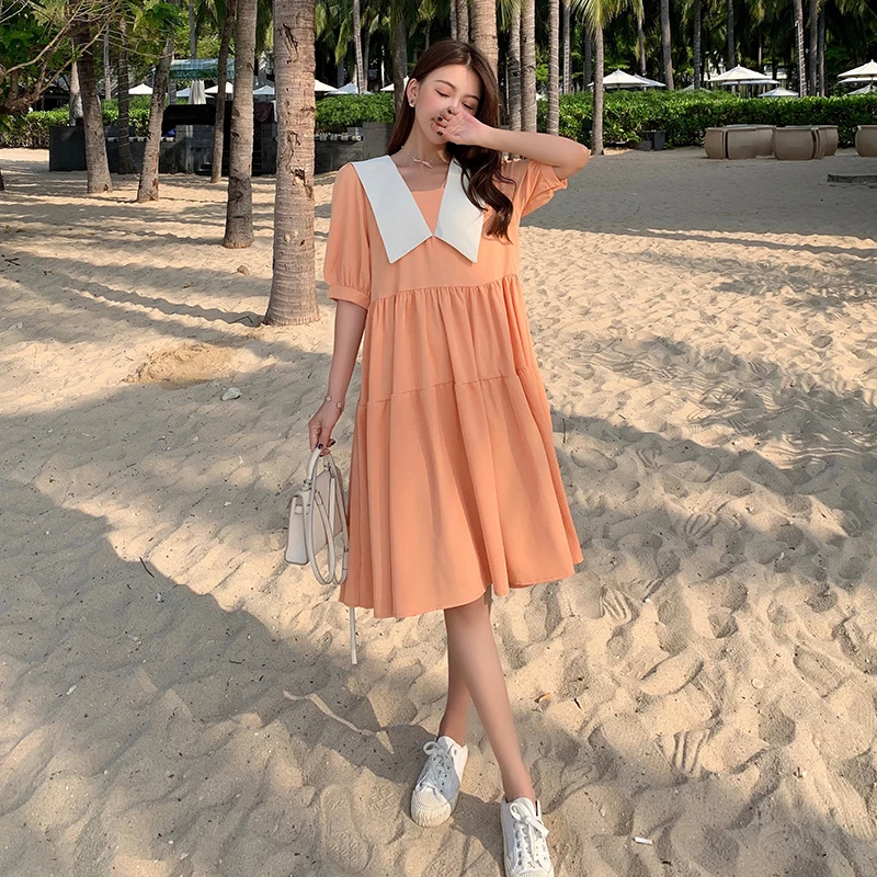 

Plus Size Women Sweet Cute Dolly Chiffon Dress 2022 Summer Short Sleeve Navy Collar Loose Pleated Knee Dresses Vestido Robe