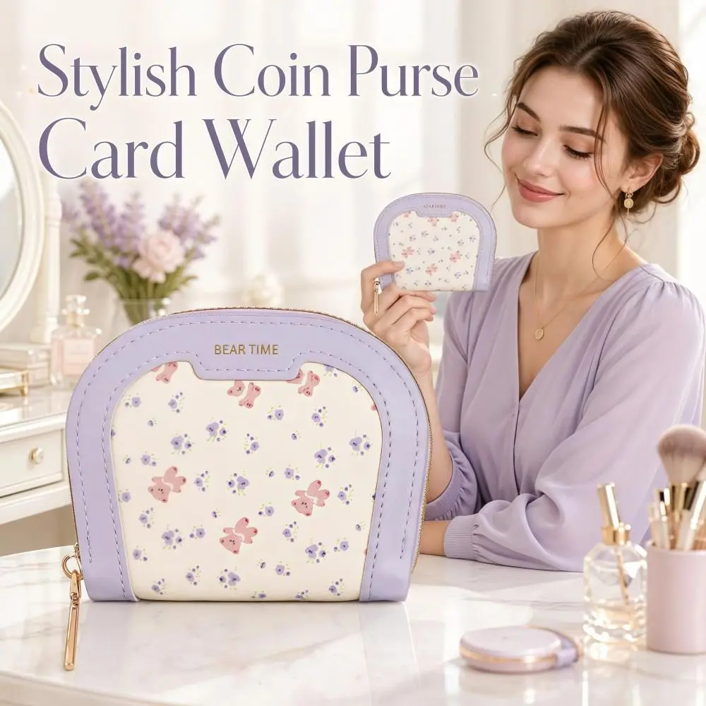 Stylish PU Bear Print Coin Purse Zippered Lightweight Small Card Wallet Portable Multi-Slot Cute Mini Pouch Ladies